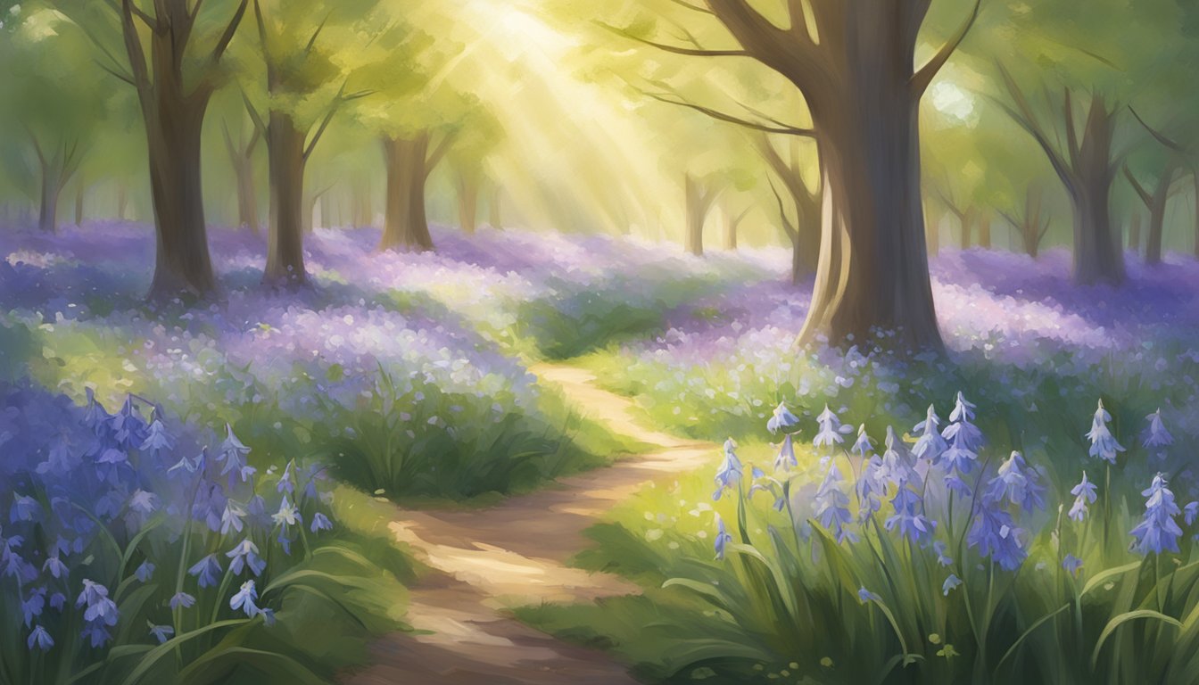 A serene field of bluebells and blossoms basking in the soft sunlight, creating a picturesque and tranquil setting for a beautiful and Instagrammable moment