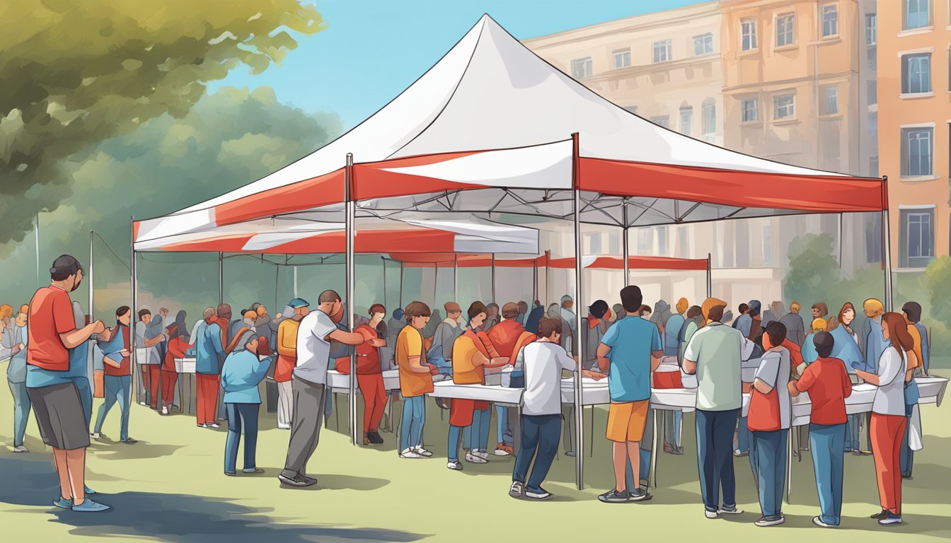 A bustling scene of volunteers setting up blood donation tents and tables, with people lining up to donate and receive information