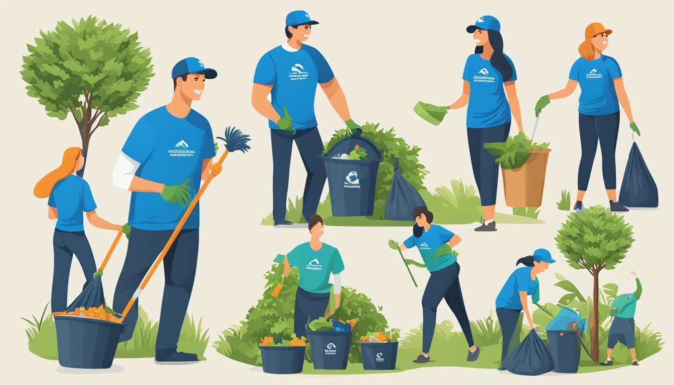 Volunteers in blue shirts clean up a park, plant trees, and collect trash. A company logo is visible on their shirts