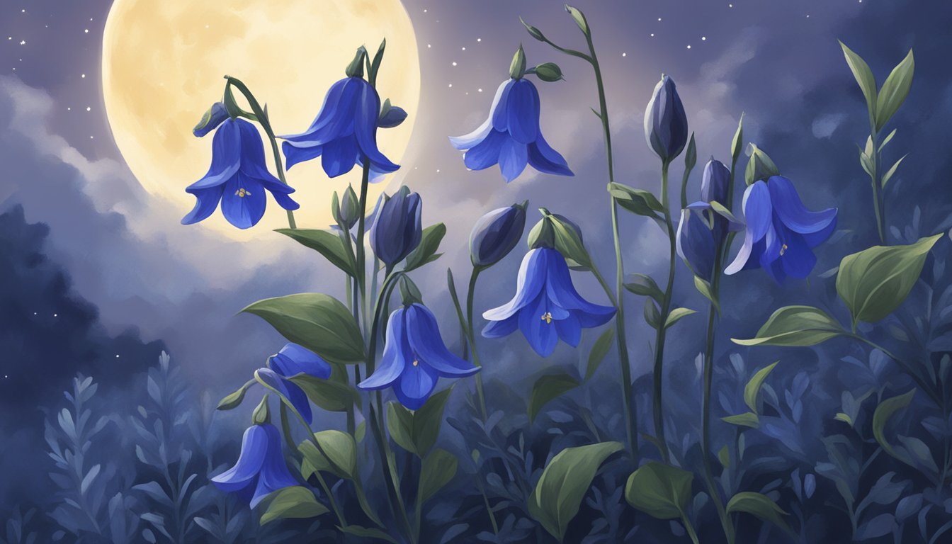 A serene night sky filled with midnight blue bell flowers blooming under the moonlight