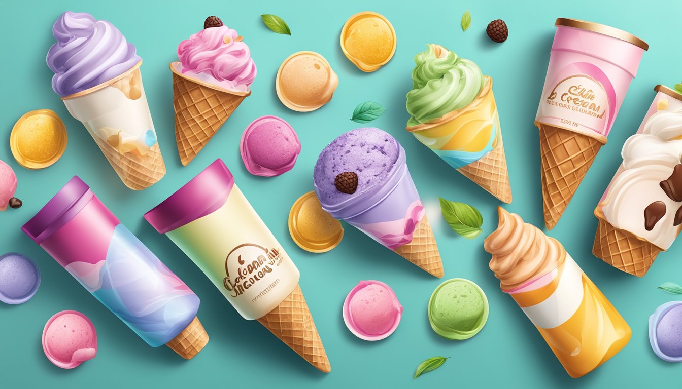 A colorful display of six unique ice cream flavors surrounded by modern packaging and trendy ingredients