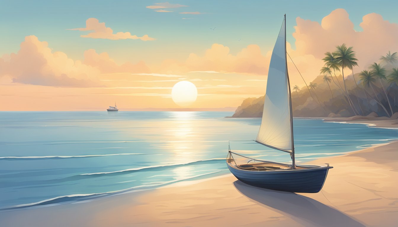 A serene beach at dawn with a vanilla-colored sky, calm blue waters, and a lone sailboat in the distance