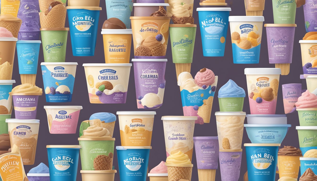 A colorful display of non-dairy ice cream options at a grocery store, with various flavors and packaging reflecting Blue Bell's adaptation to changing consumer trends