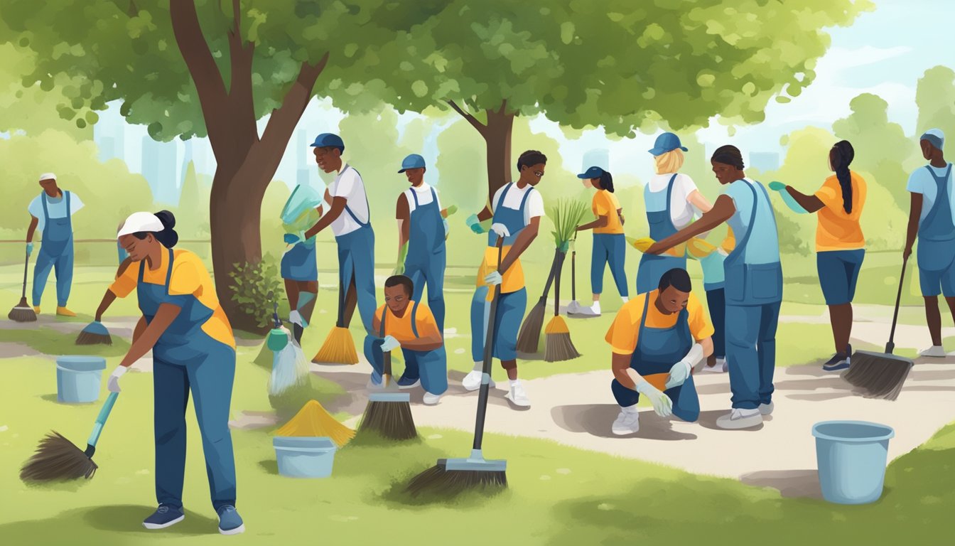 A group of people from different backgrounds and ages working together to clean up a local park, planting trees, and painting benches