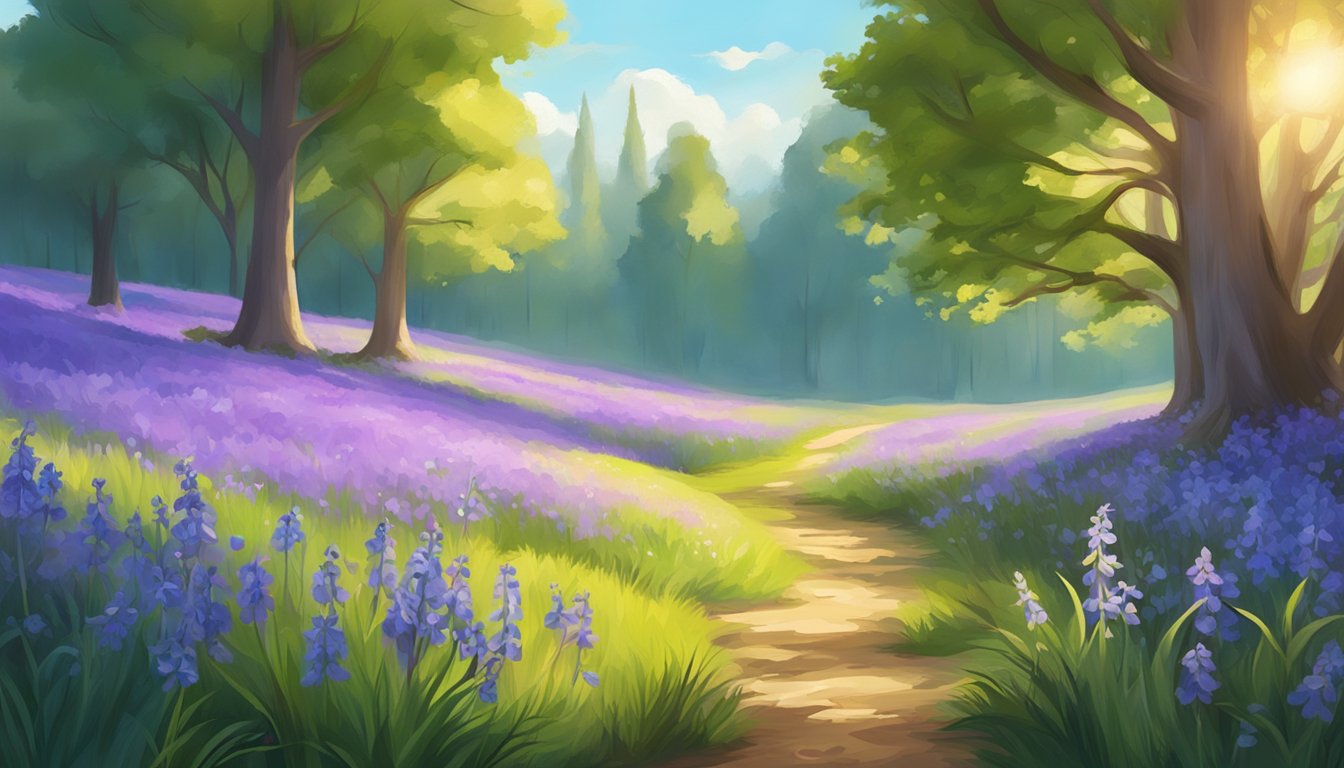 A serene meadow with vibrant bluebells basking in the warm sunlight of a summer afternoon, creating a picturesque and Instagram-worthy scene