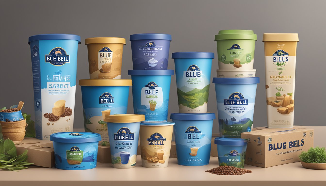 Blue Bell's products surrounded by eco-friendly packaging, including recyclable materials and biodegradable options, displayed in a modern and minimalist setting