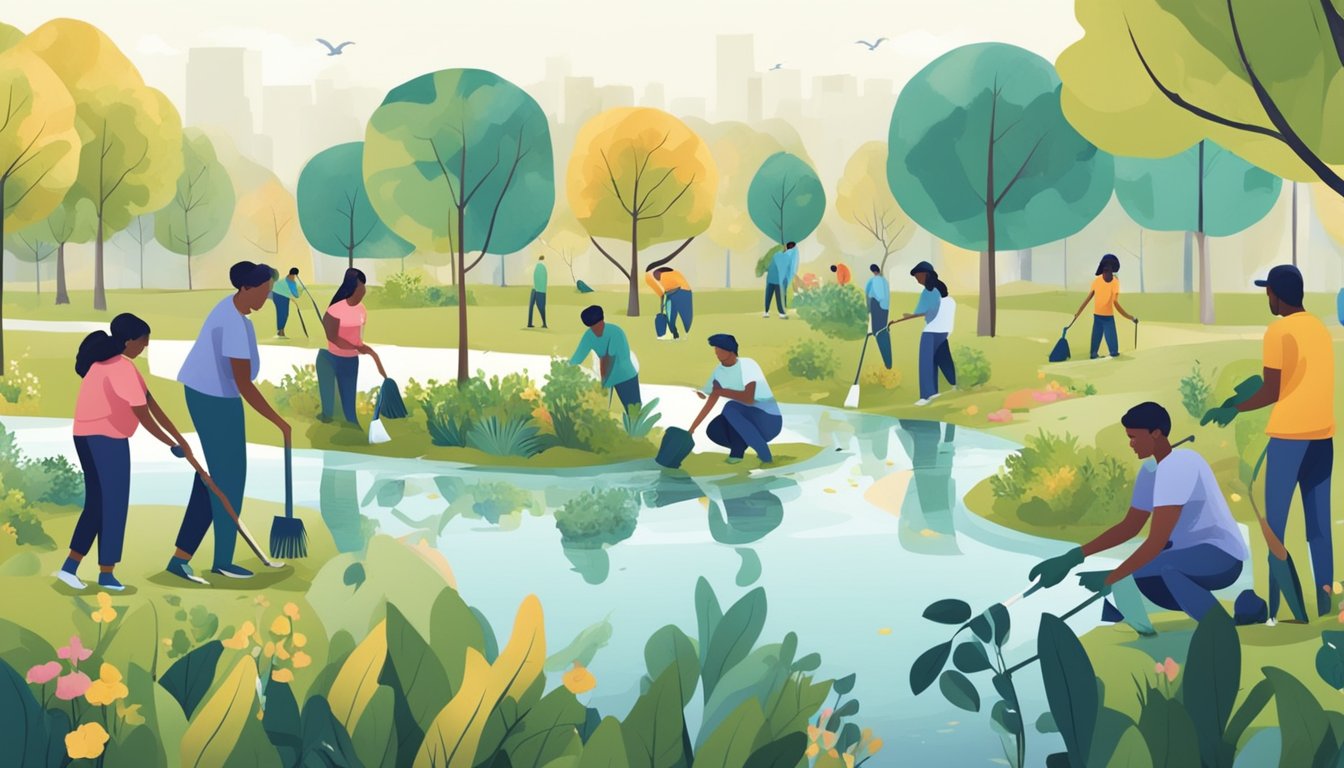 A group of people planting trees in a park, while others clean up litter. A community garden is being tended to, and a local river is being cleaned up by volunteers