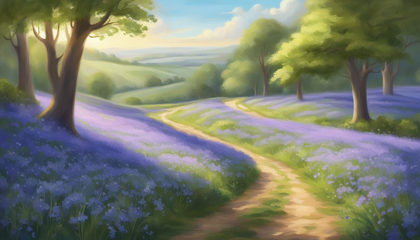 A serene field of vibrant bluebell flowers, bathed in soft sunlight, with a winding path leading through the picturesque landscape