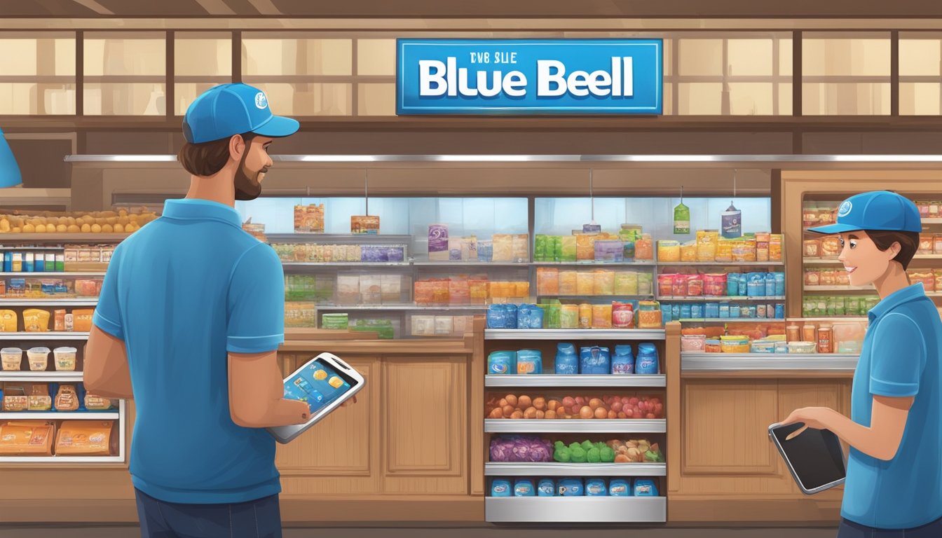 A modern grocery store with shelves stocked with Blue Bell products, a mobile app displayed on a smartphone, a delivery truck with the Blue Bell logo, a billboard advertising home delivery, a customer browsing the Blue Bell website on a laptop, and a social media influencer promoting Blue Bell ice cream