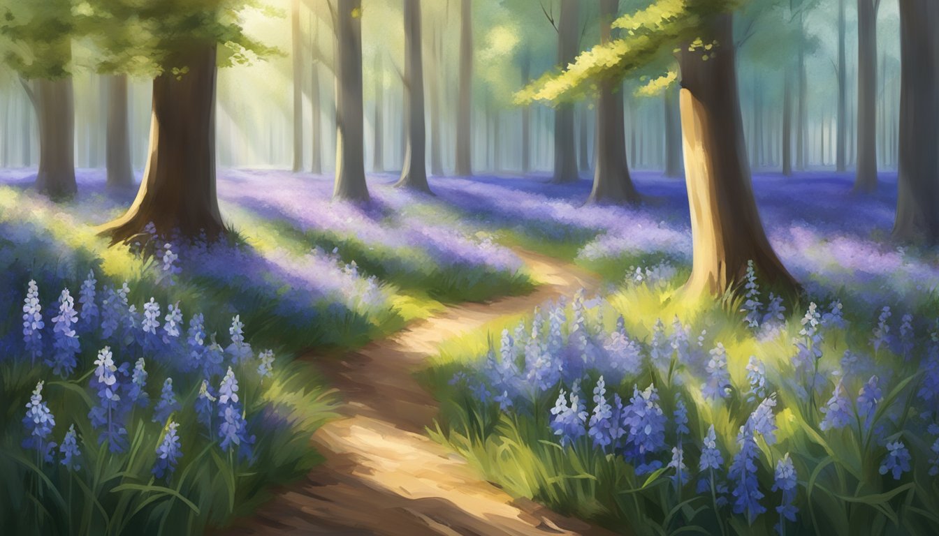 A field of vibrant bluebells in full bloom, with dappled sunlight filtering through the trees creating a picturesque and serene setting