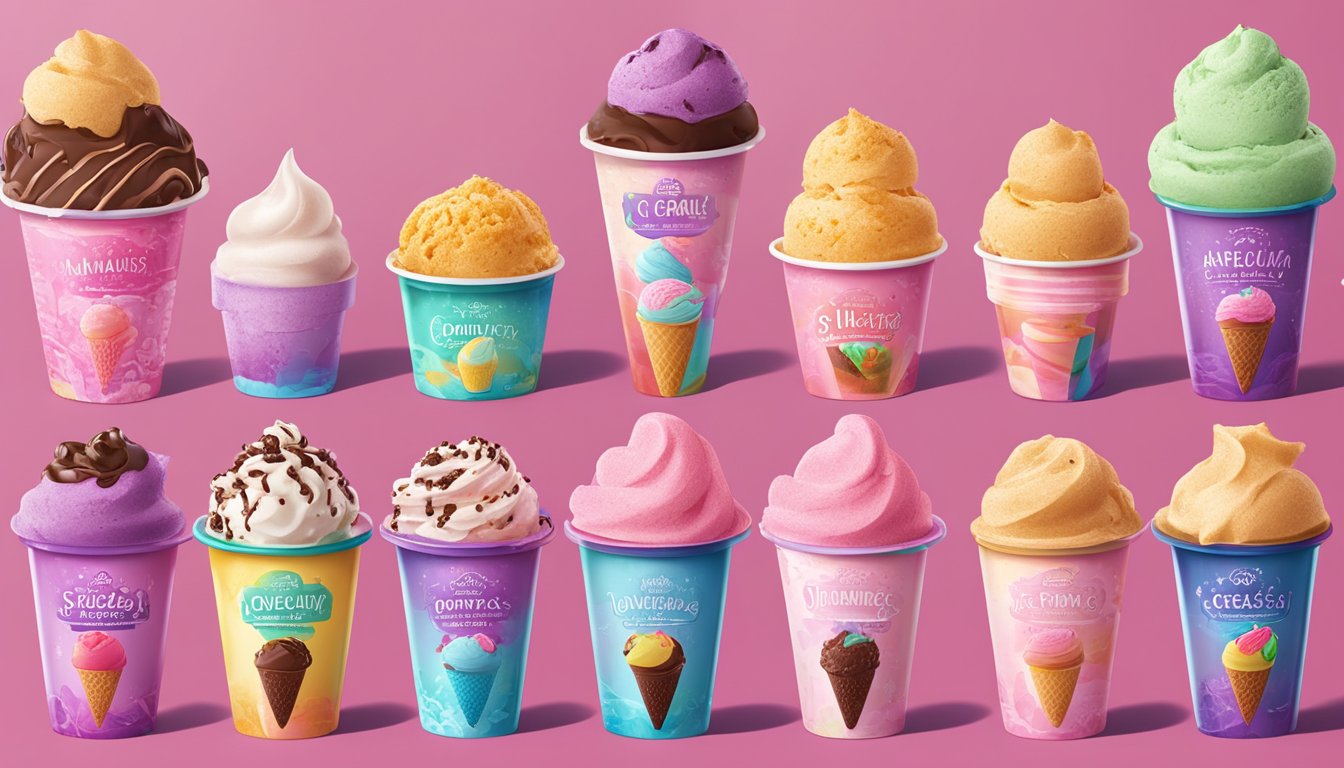 A colorful display of six new ice cream flavors, each with unique packaging, surrounded by various symbols representing changing consumer trends