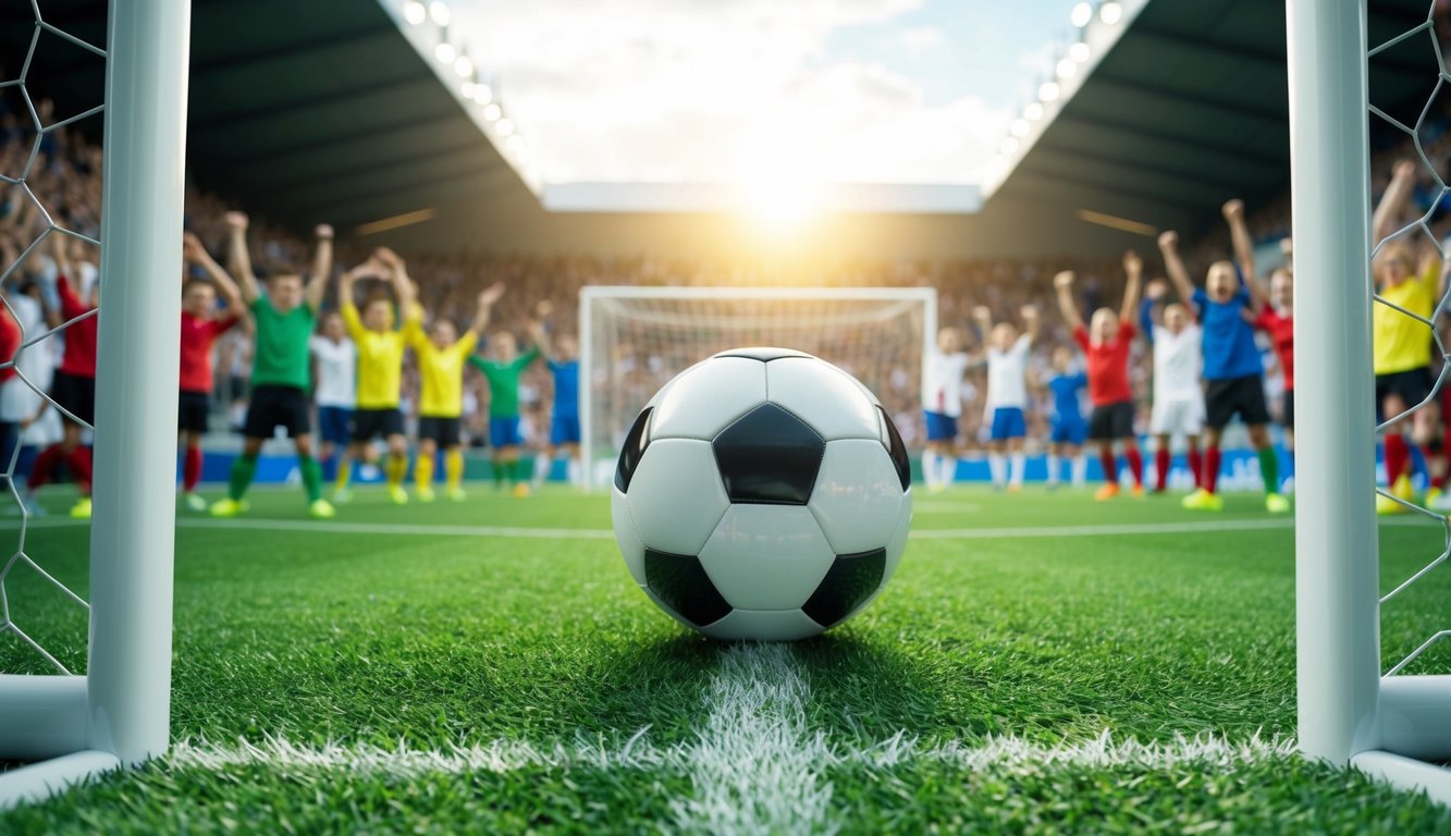 Sebuah bola sepak di lapangan hijau dengan tiang gawang, dikelilingi oleh penggemar yang bersorak di stadion