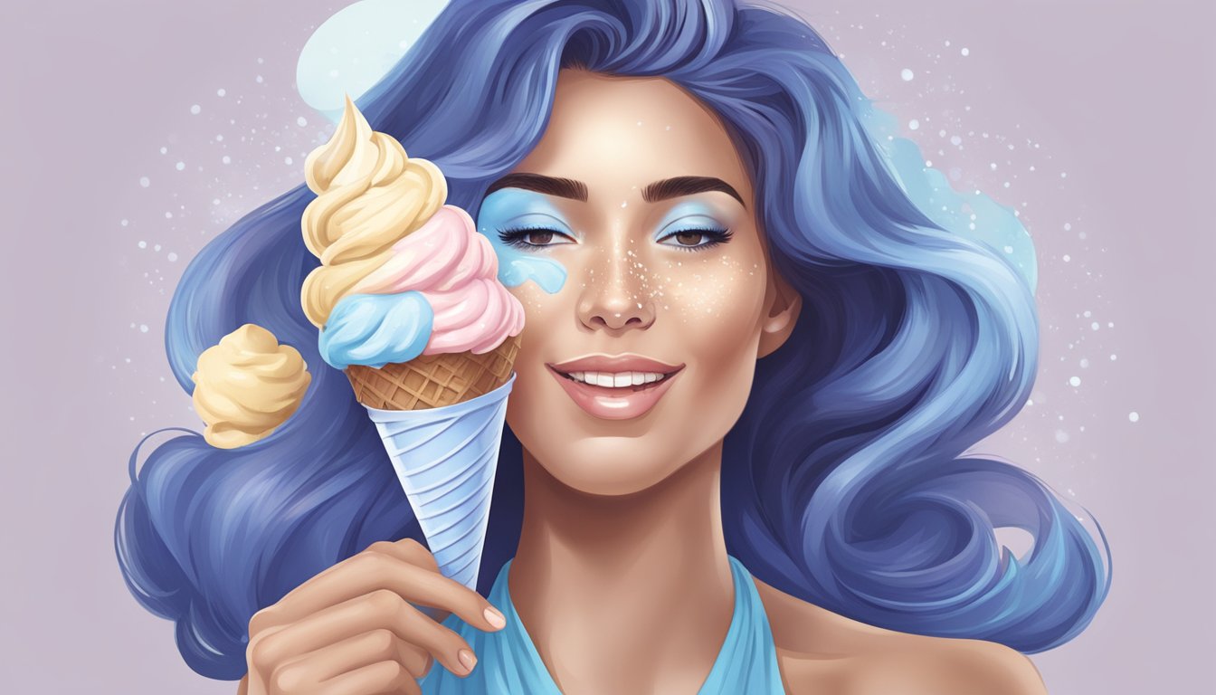 A woman's face covered in Blue Bell ice cream, with a serene expression as she enjoys a relaxing ice cream facial