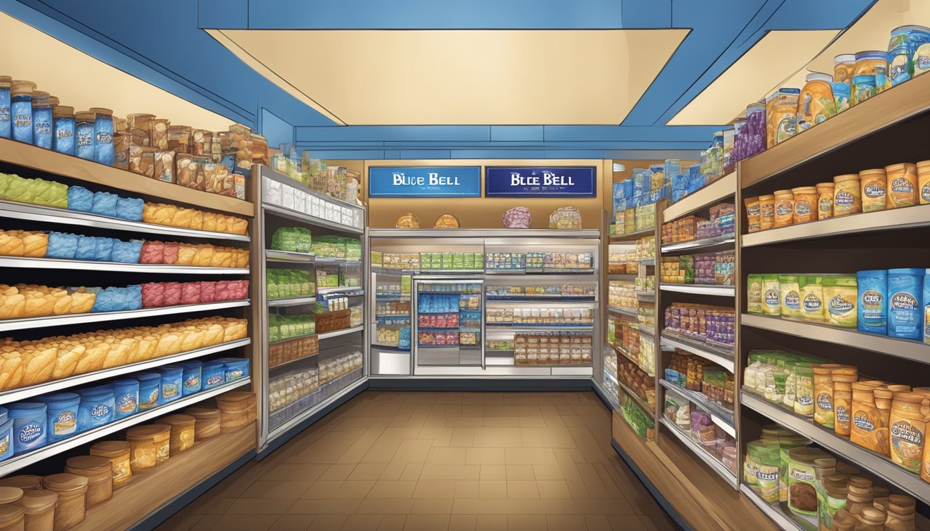 A colorful display of Blue Bell products, featuring various flavors and packaging sizes, arranged in a modern grocery store setting with trendy, eye-catching design elements