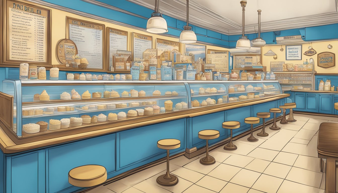 A vintage ice cream parlor with a colorful display of Blue Bell's Homemade Vanilla ice cream pints and a timeline showcasing the 13 milestones in the brand's journey to dominance