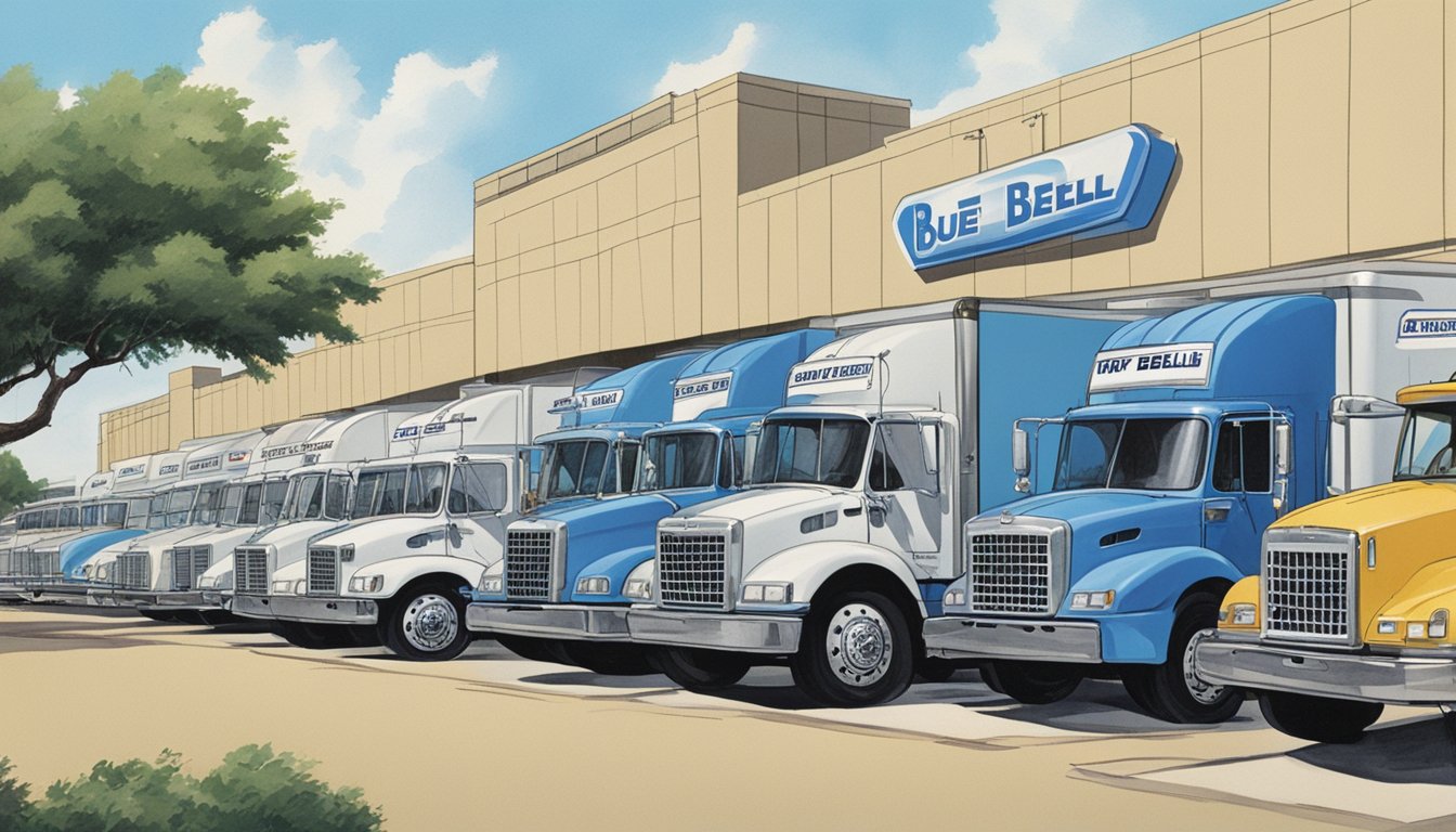 A bustling ice cream distribution center in Houston, Texas in 1978, with trucks loading and unloading Blue Bell products