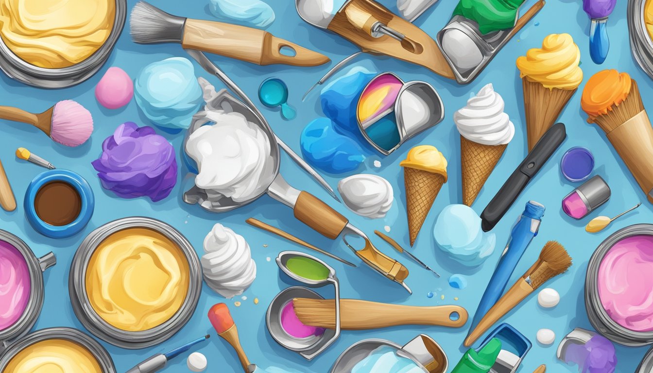 A colorful array of art supplies and tools arranged around a melting scoop of Blue Bell ice cream, with various creative projects in progress