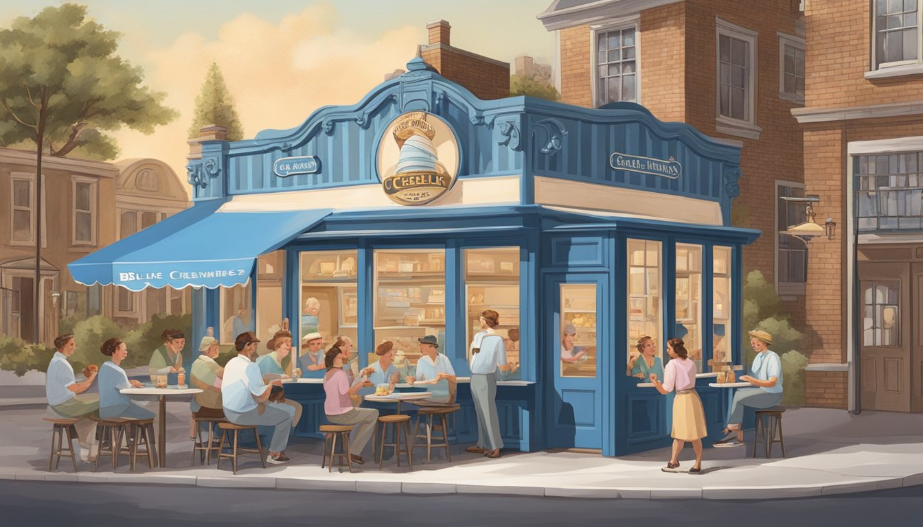 A vintage ice cream parlor with a prominent sign reading "Blue Bell Creameries" surrounded by happy customers enjoying ice cream cones