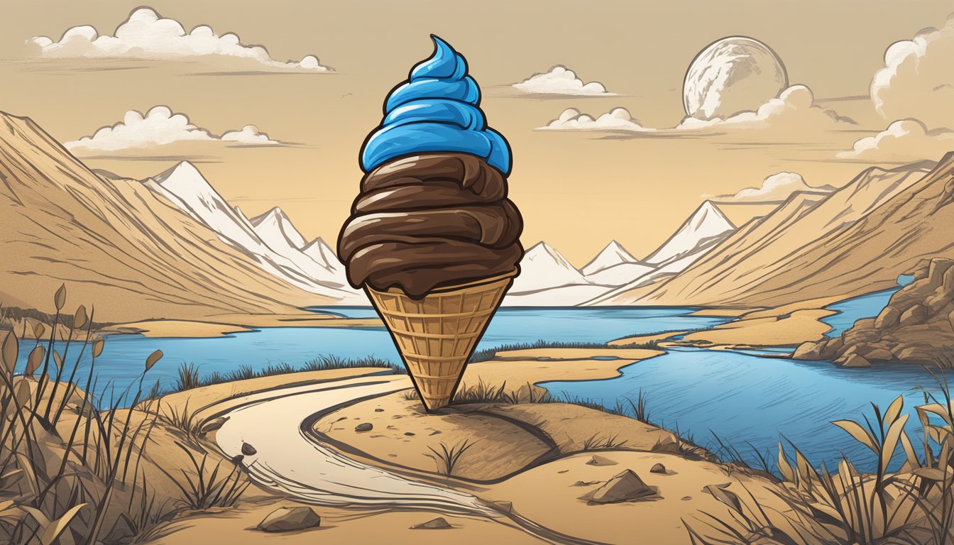 A vibrant Dutch Chocolate ice cream cone surrounded by 13 milestone markers, representing Blue Bell's journey to dominance