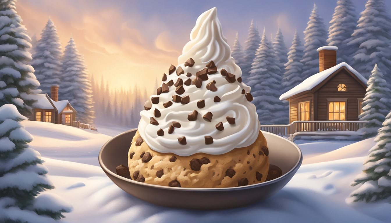 A scoop of chocolate chip cookie dough ice cream sits on a cone, surrounded by a wintery scene of snow-covered trees and a cozy fireplace