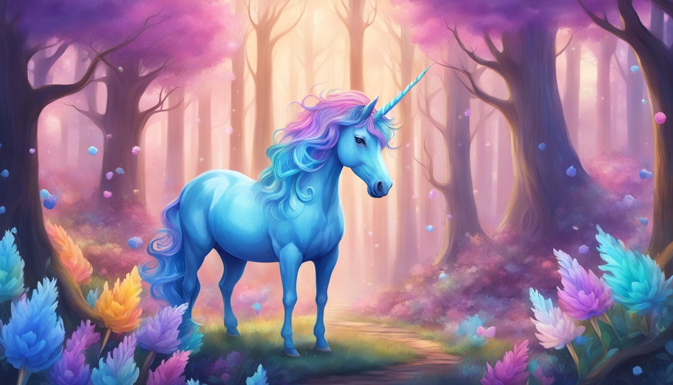 A colorful unicorn with a flowing mane made of melting blue bell ice cream, surrounded by whimsical hair dye bottles in a magical forest