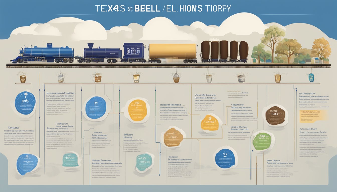 A colorful timeline of 13 milestones in Blue Bell's history, with Texas as the backdrop and the company's logo prominently displayed