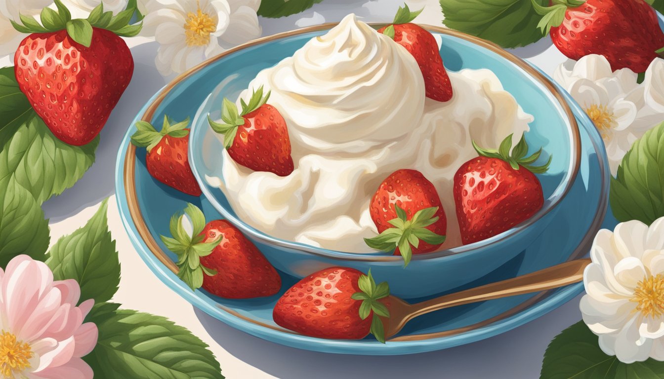 A bowl of ripe strawberries sits next to a scoop of homemade vanilla ice cream, surrounded by vibrant red and white flowers