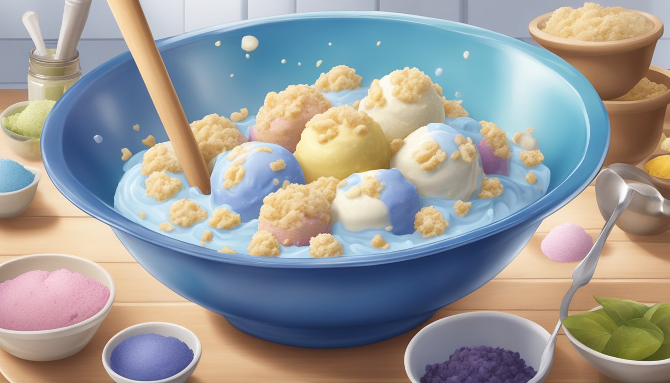 A large bowl filled with Blue Bell Ice Cream being mixed with various ingredients for a foot soak