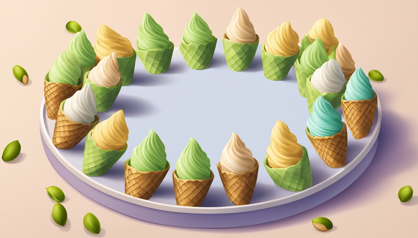 A colorful display of pistachio and almond flavored ice cream cones arranged in a circle to represent the month of March