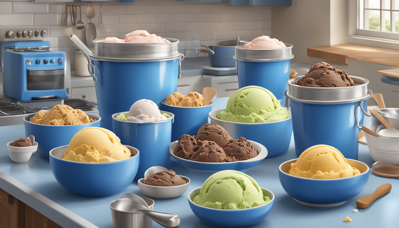 A colorful array of Blue Bell ice cream pints arranged in a kitchen, with various cooking utensils and ingredients scattered around, showcasing the versatility of the product