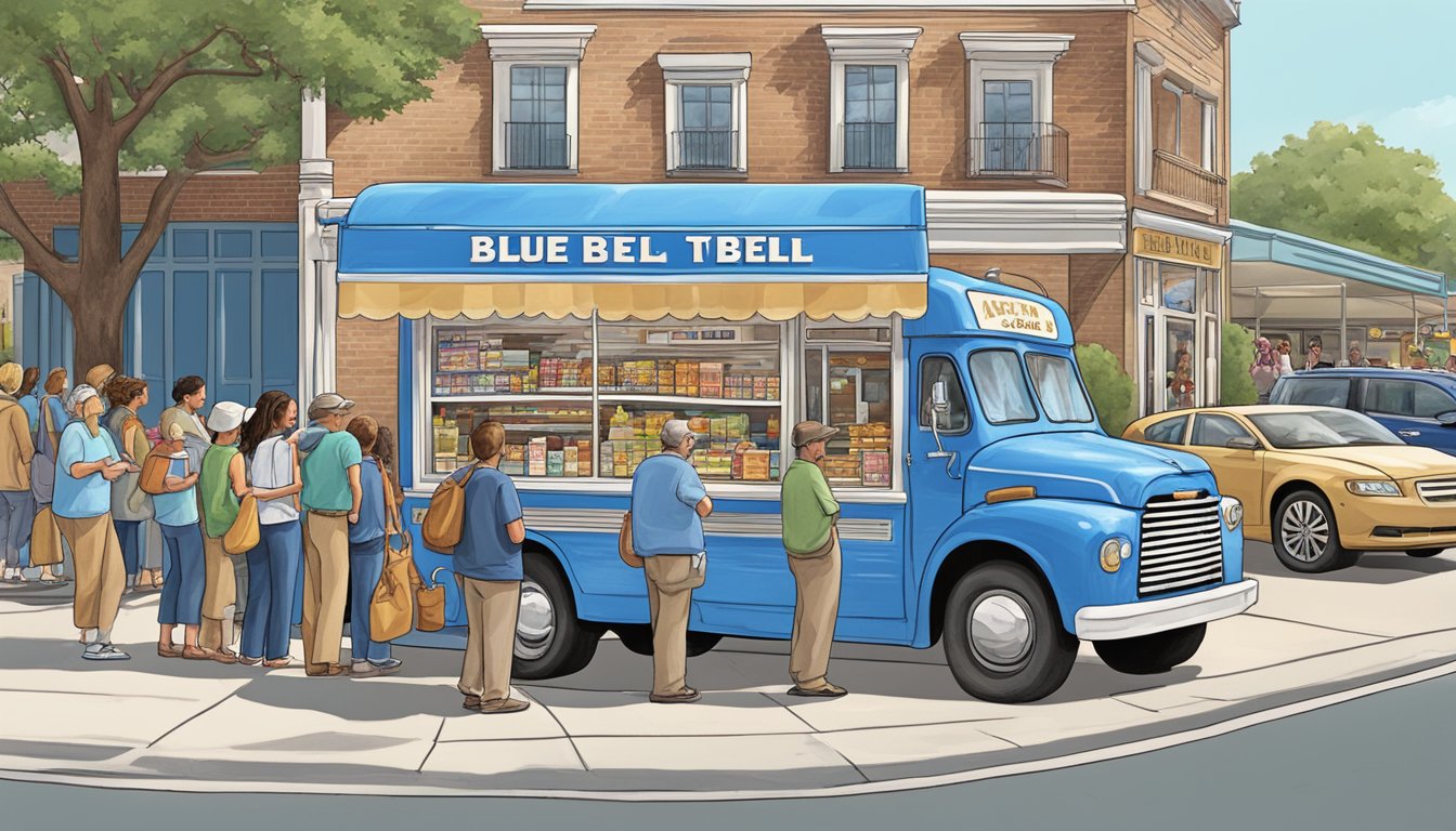 Blue Bell ice cream truck parked in front of a bustling Texas grocery store, with a line of customers eagerly waiting to purchase their favorite flavors