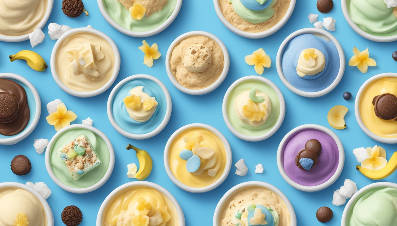 A colorful display of 13 different Blue Bell ice cream flavors arranged in a circular pattern, surrounded by banana pudding and decorative toppings