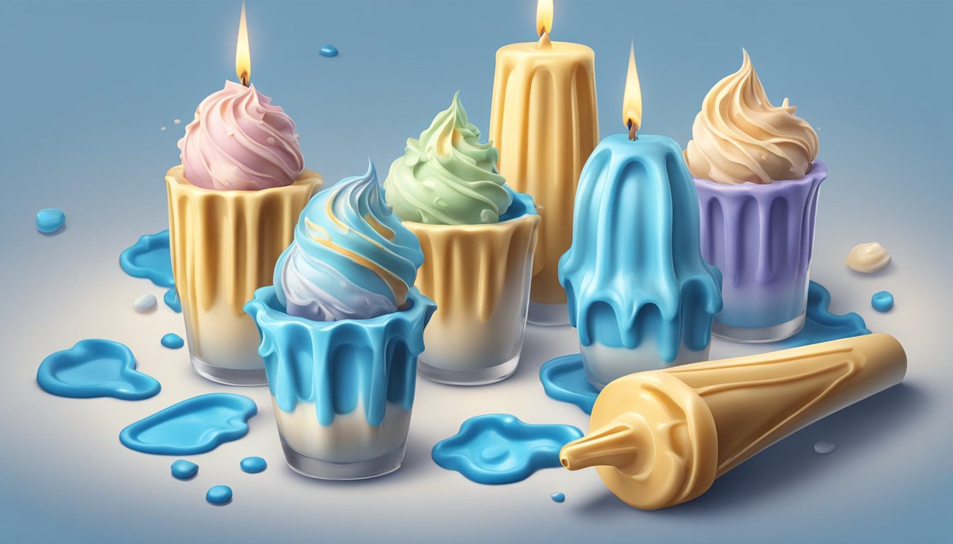 A candle mold filled with melted blue bell ice cream being poured into various unique shapes and sizes