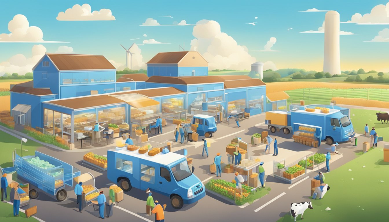 A bustling ice cream factory with workers and machinery, surrounded by fields of dairy cows under a bright blue sky