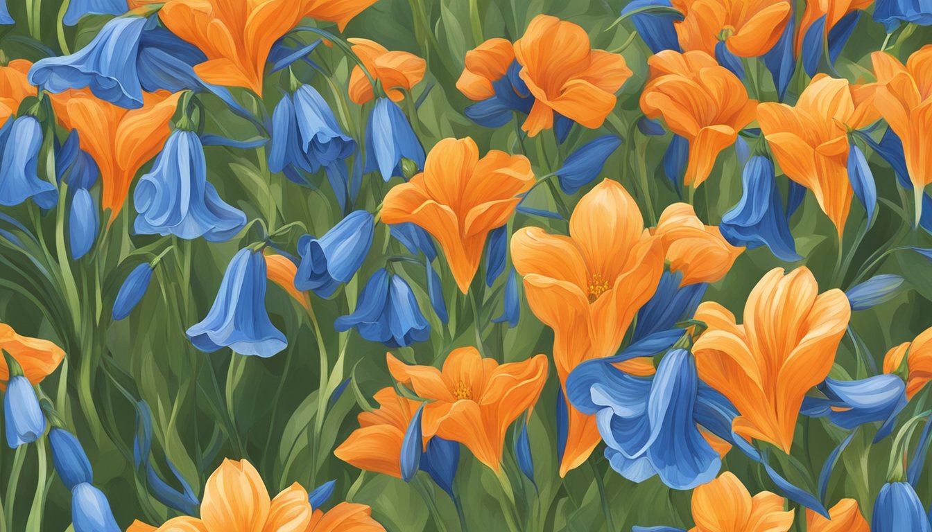 A vibrant, swirling orange and blue bell flowers in a garden, representing the flavors of May