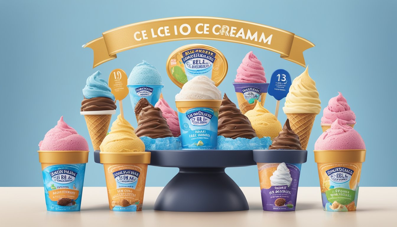 A colorful display of Blue Bell's No Sugar Added Ice Cream surrounded by 13 milestone markers, showcasing the company's journey to ice cream dominance