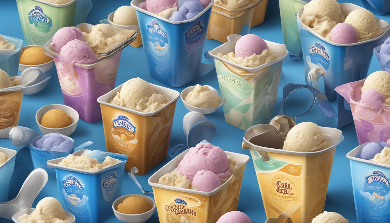 A colorful array of Blue Bell ice cream cartons arranged with various cooking utensils and ingredients, showcasing the versatility of the product in creative culinary applications