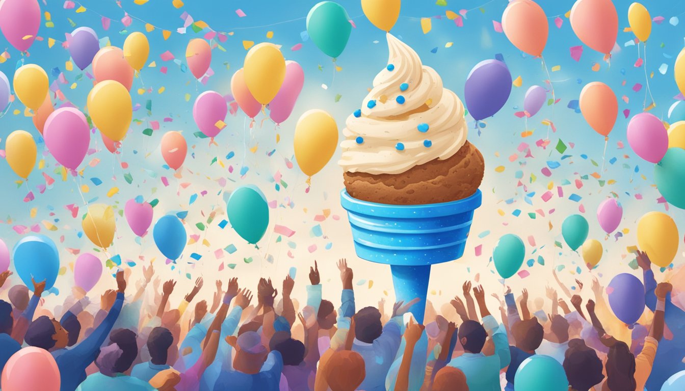 A celebratory scene with a large ice cream cone atop a website, surrounded by confetti and balloons, symbolizing Blue Bell's first website launch in 2000