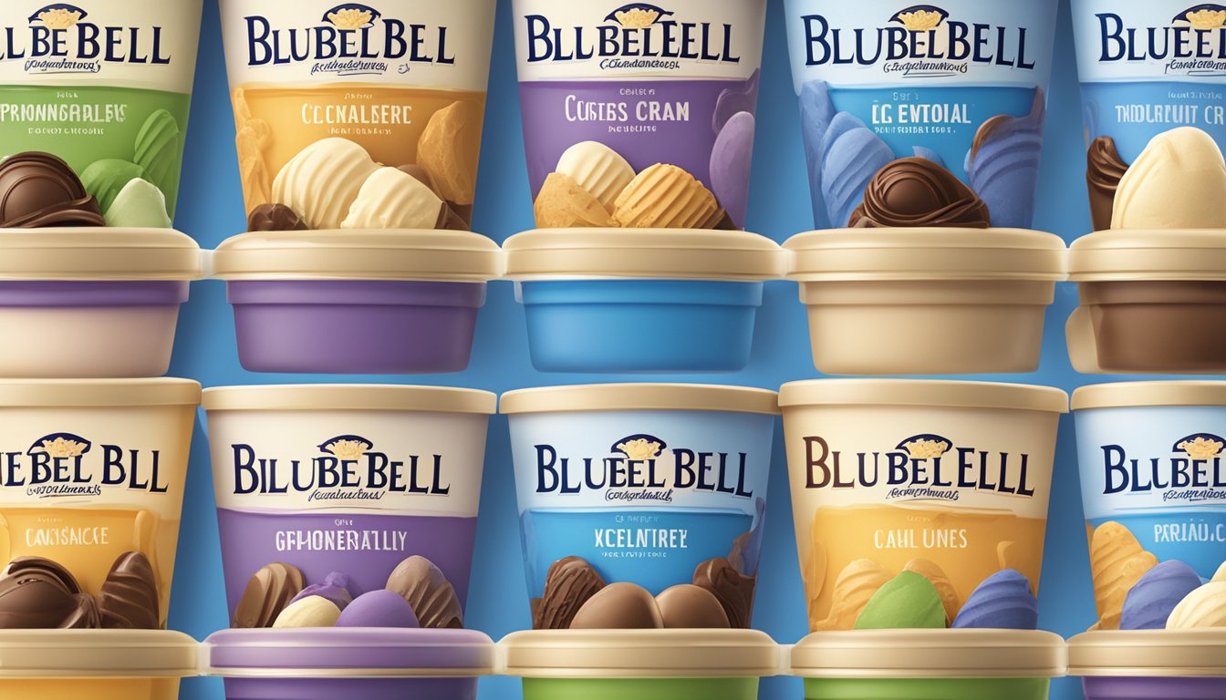 A colorful display of Blue Bell ice cream flavors arranged in a row with the company's logo prominently featured