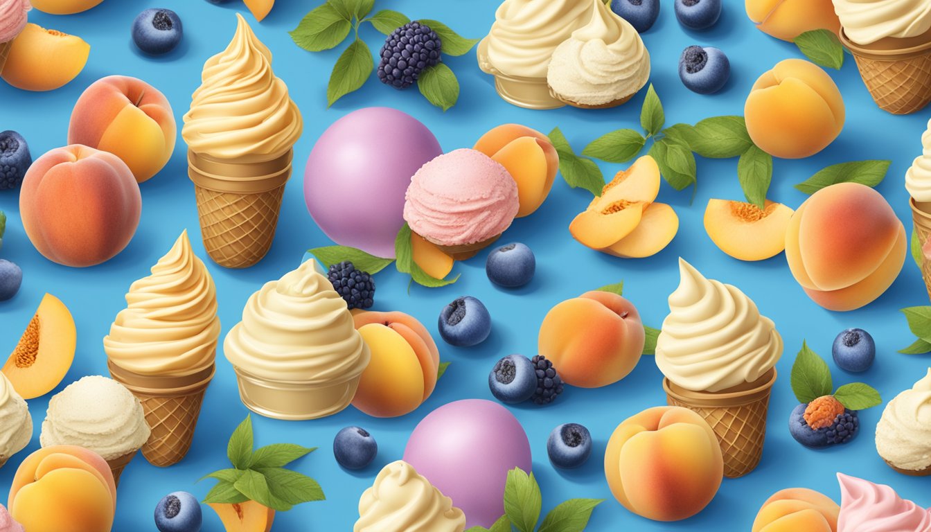 A colorful display of peaches and cream ice cream surrounded by 13 different blue bell flavors, each representing a different month of the year