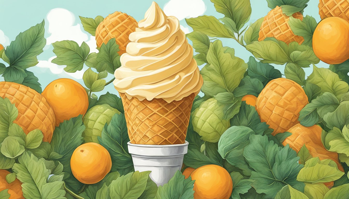 A cantaloupe and cream ice cream cone surrounded by vibrant September foliage