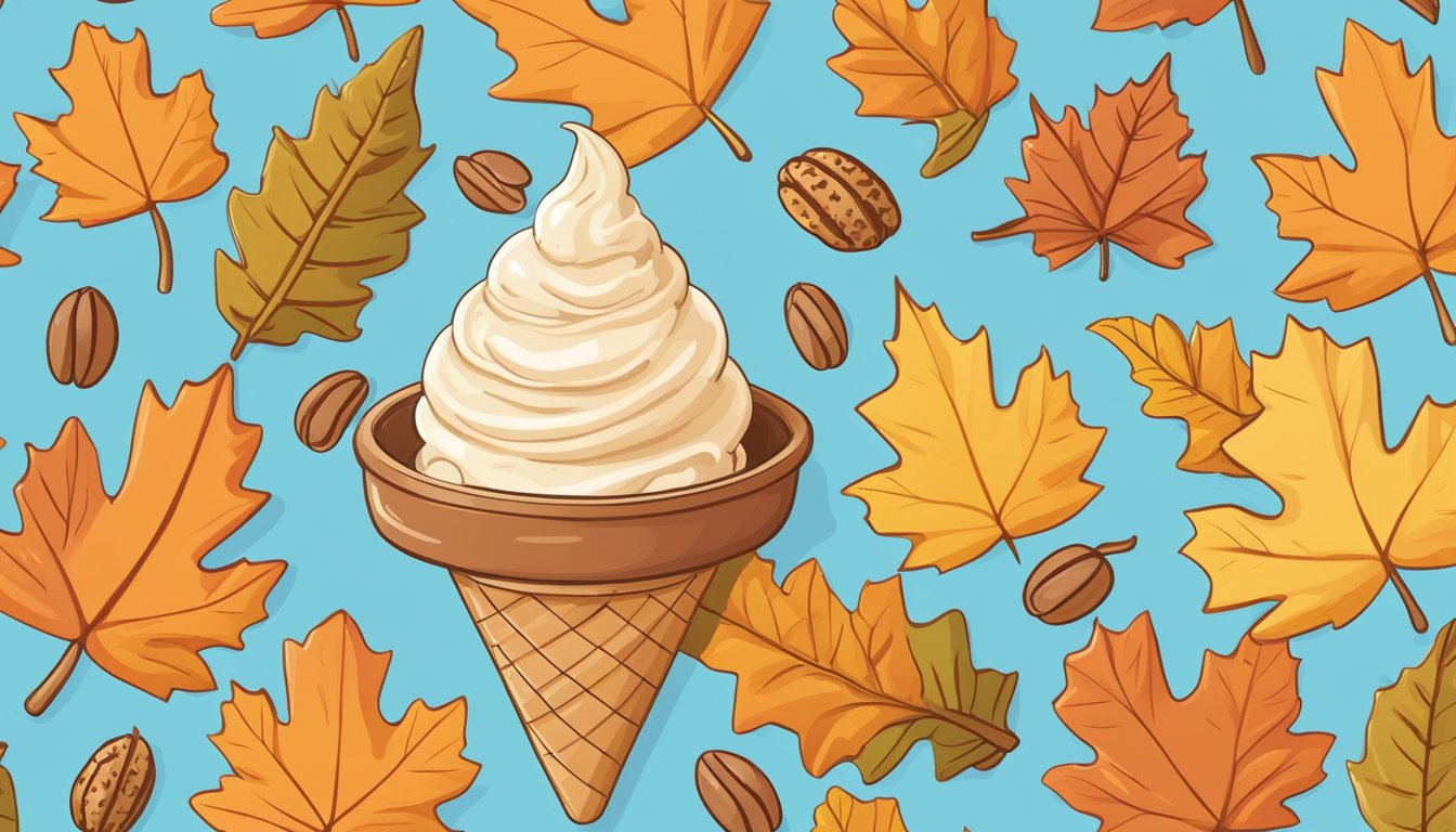 A cozy fall scene with a steaming spiced pumpkin pecan ice cream cone surrounded by colorful autumn leaves and a clear blue sky