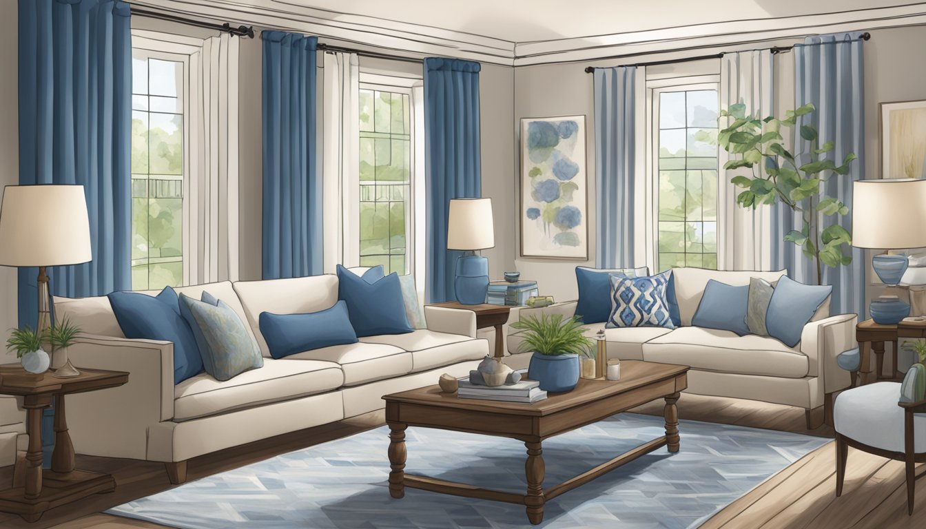 A cozy living room with a plush sofa adorned with blue bell-inspired throw pillows. A matching rug and curtains complement the serene decor