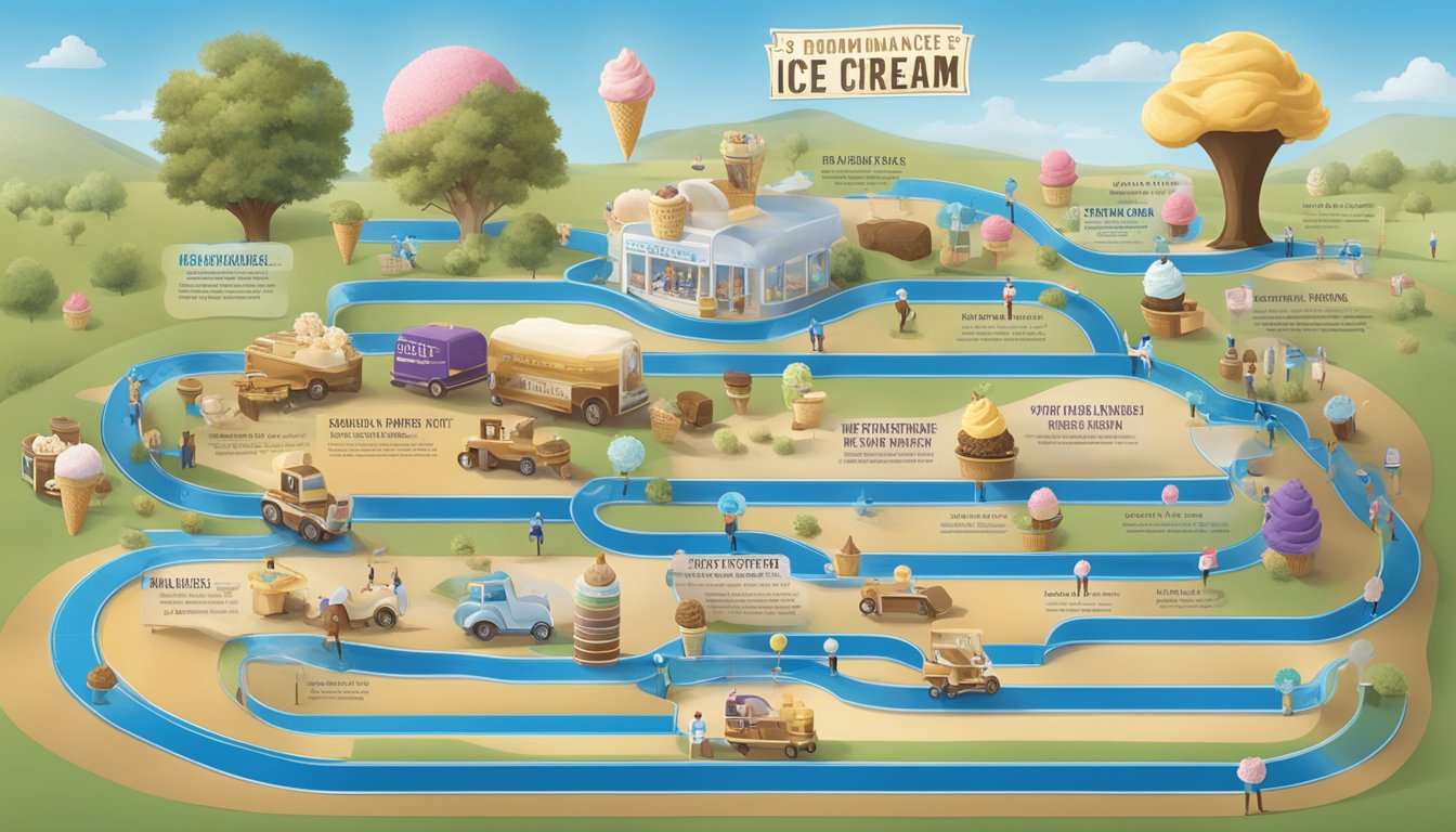 A timeline of 13 milestones in Blue Bell's journey to ice cream dominance, with strategic expansion techniques depicted through various visual elements