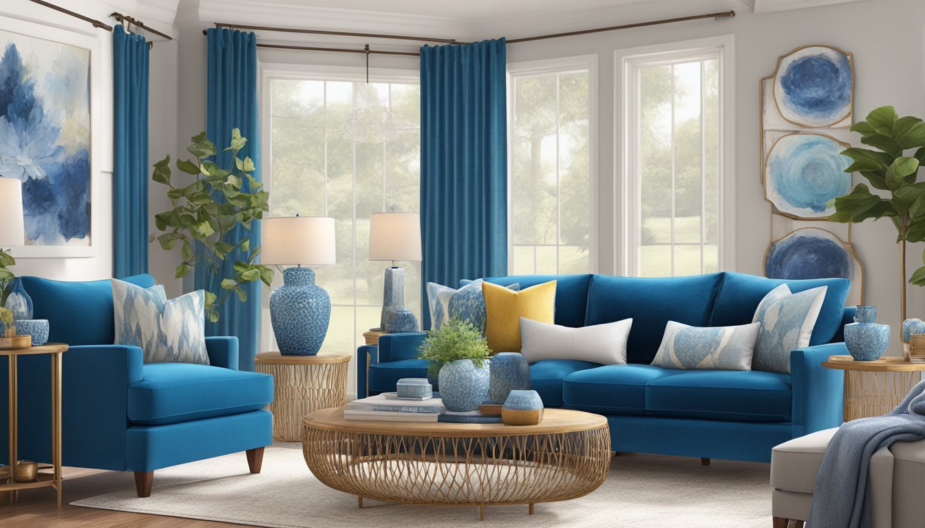 A cozy living room with cerulean velvet curtains, adorned with blue bell-inspired home decor such as vases, pillows, and artwork