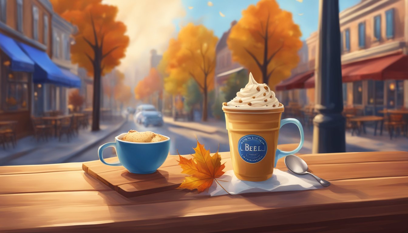 A cozy cafe with falling leaves outside, a steaming cup of blue bell ice cream on a wooden table, surrounded by warm autumn colors