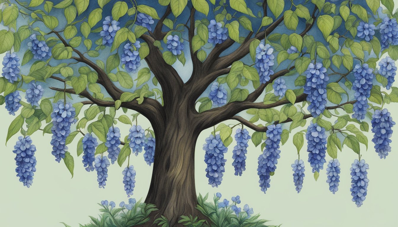 A black walnut tree stands tall, surrounded by 13 blue bell flowers, each representing a different month with its unique color and beauty