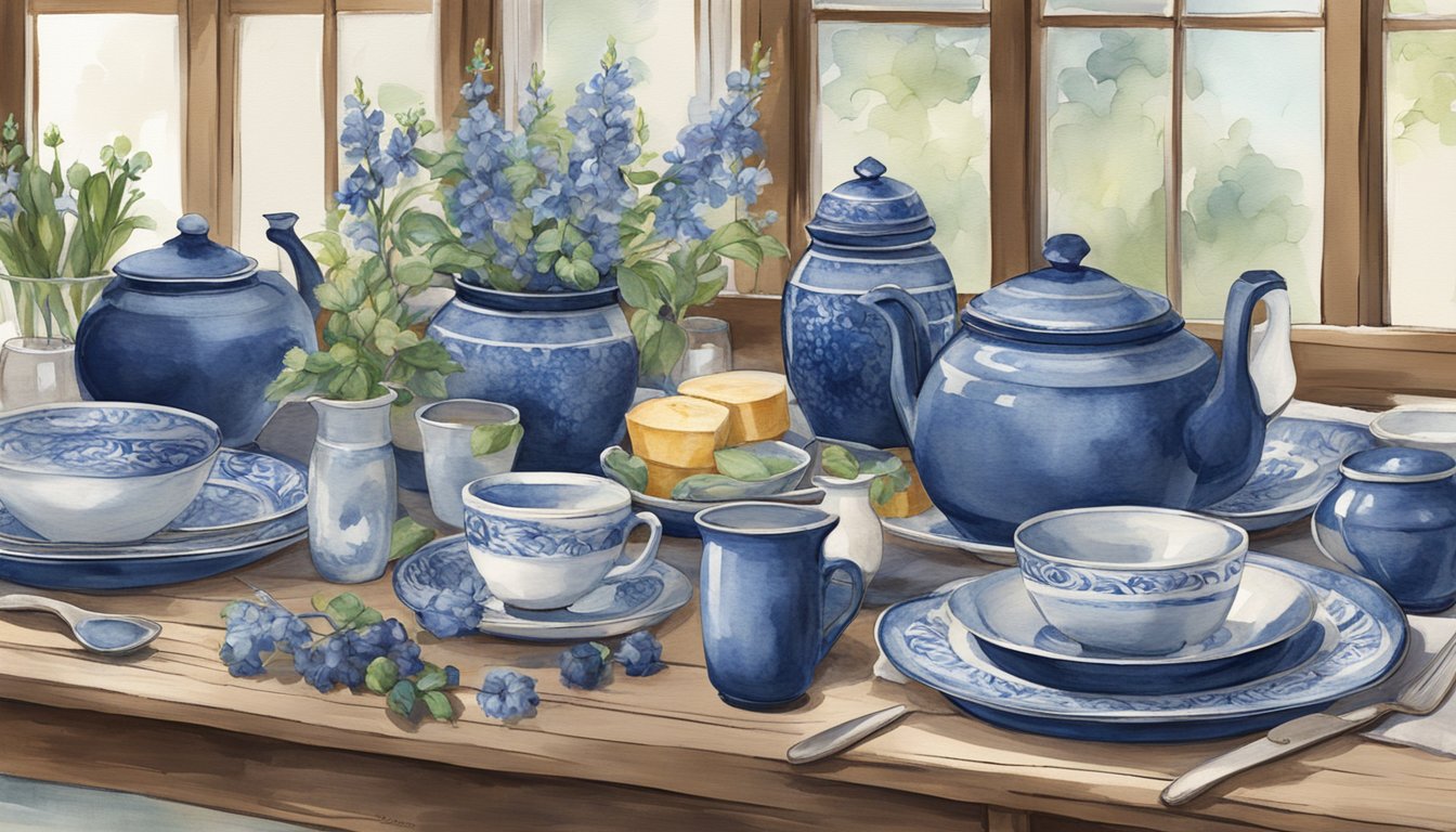 A rustic table set with vintage indigo tableware, surrounded by blue bell-inspired home decor accents