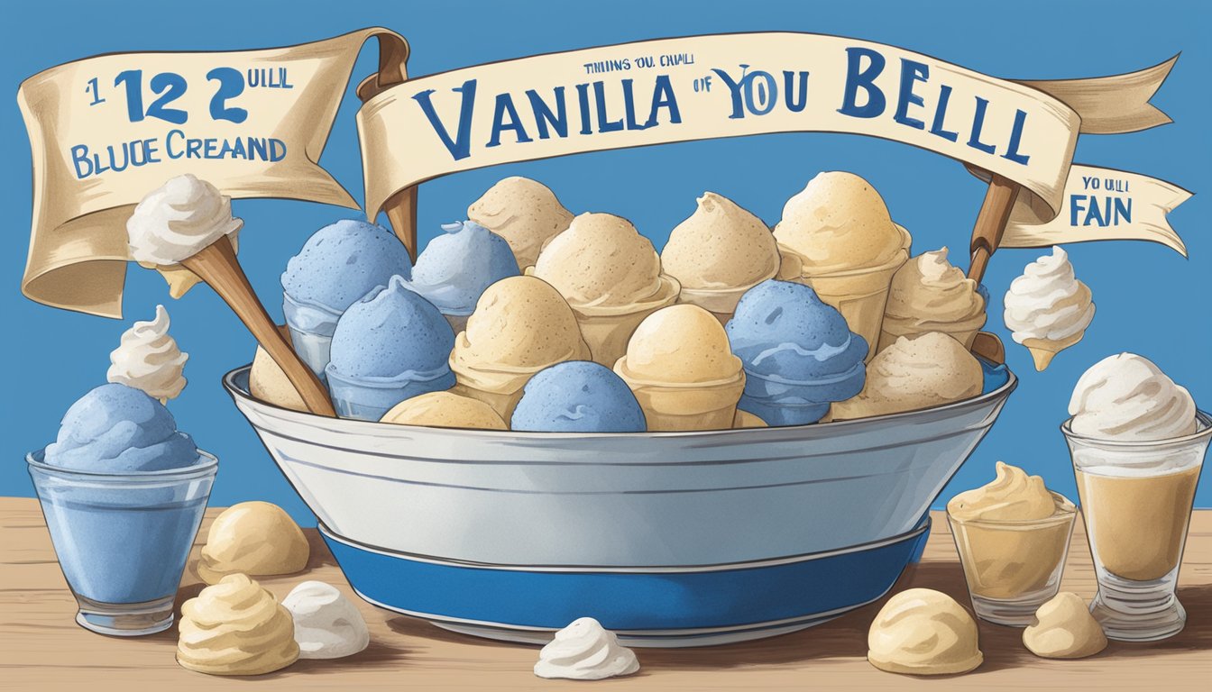 A scoop of homemade vanilla ice cream surrounded by 12 iconic Blue Bell flavors, with a banner reading "12 Things You'll Only Understand If You're a Blue Bell Fan."