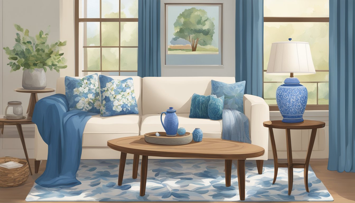 An azure accent lamp illuminates a cozy living room with blue bell-inspired decor, including floral prints, ceramic vases, and a plush throw blanket